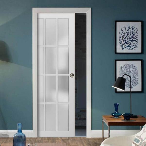 Matte White Solid Pine Wood Sliding Barn Door Kit with Glass Panels