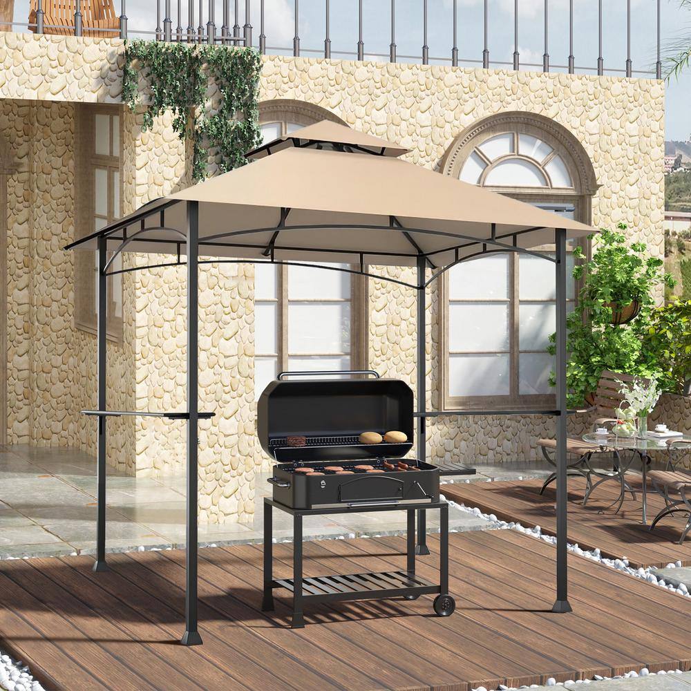 Beige 8 x 5 Feet 2-Tier BBQ Grill Gazebo with Metal Shelves