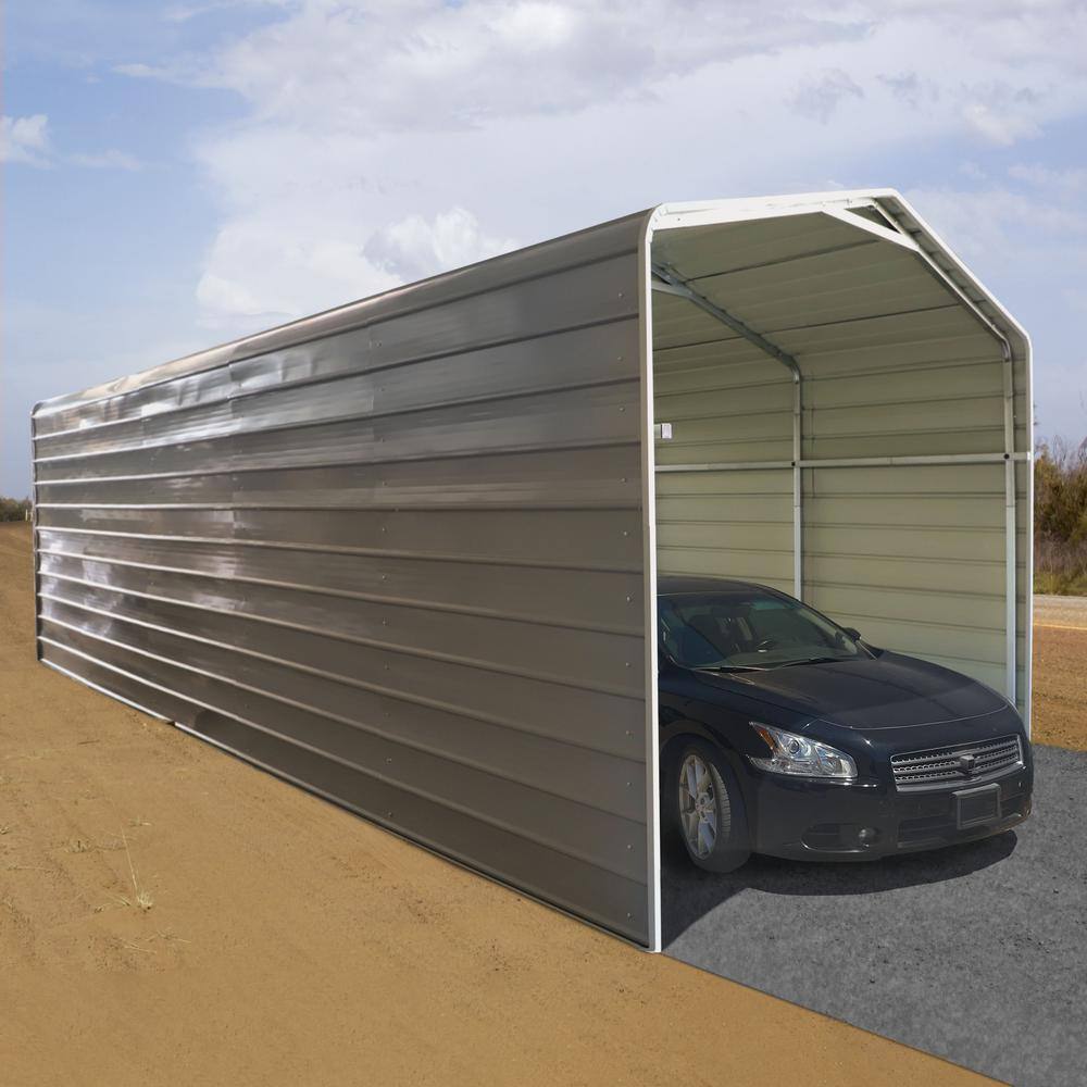 Gray 12 ft x 28 ft Metal Carport with Corrugated Roof and Sidewalls