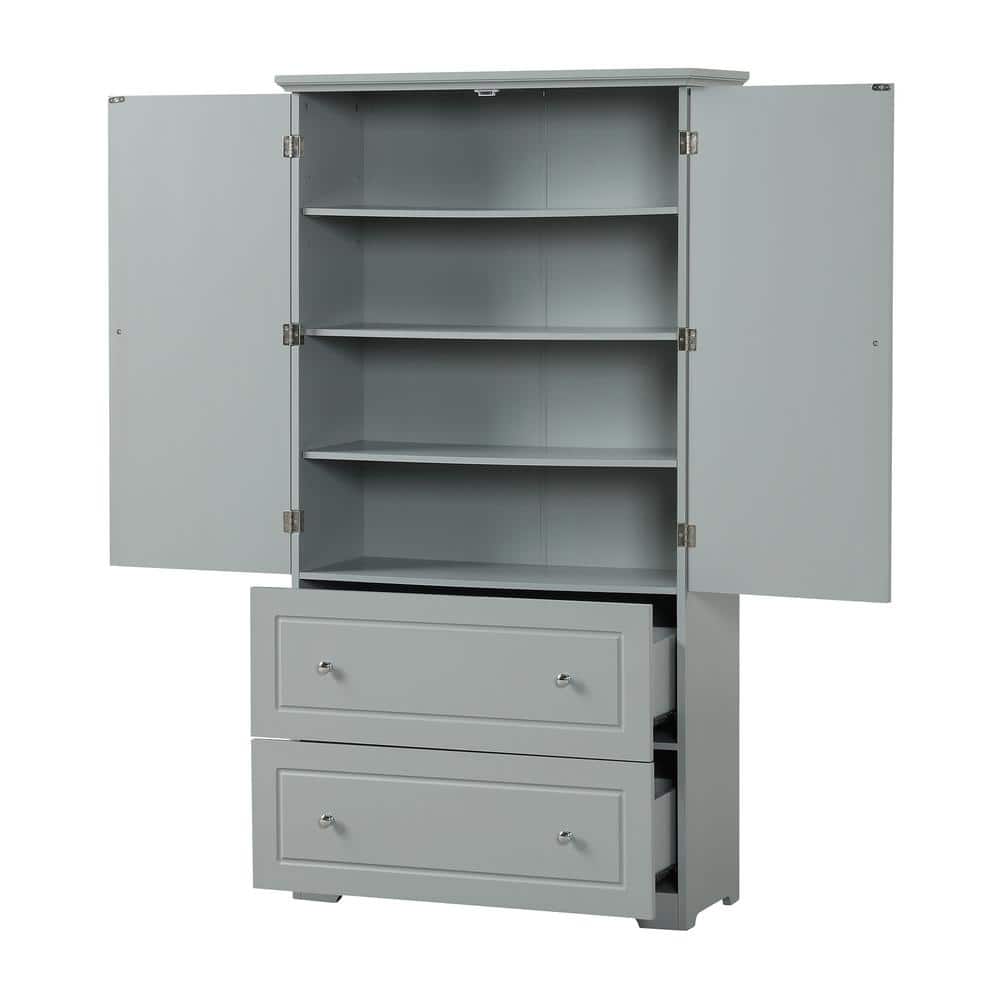 32.6 in. W x 13 in. D x 62.3 in. H Gray Linen Cabinet with Two Drawers and 