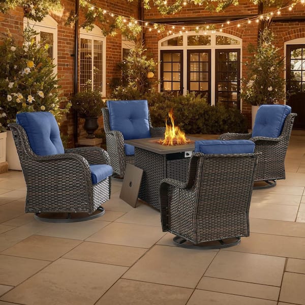 Pocassy 5 Piece Brown Wicker Patio Rocking Chairs for 4 with 30 Inch Gas Propane Fire Pit Table Outdoor Rocking Chair Sets Blue