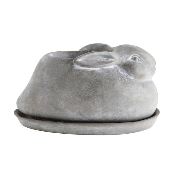 Storied Home 10 in. L x 5.75 in. W x 5 in. H Gray Cement Stone Rabbit Decorative Pots with Saucer (2-Pack)