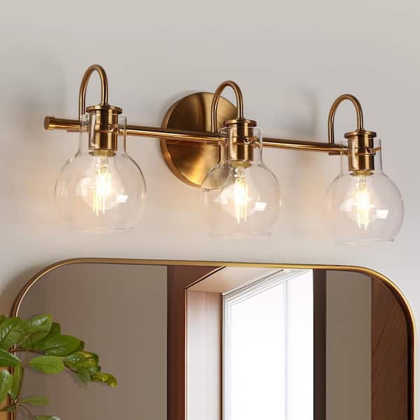 Plated Brass 3-Light Vanity Light Modern 22 in. Linear Bathroom Powder Room Wall Sconce with Globe Clear Glass Shades