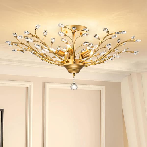 29.92 in. 5-Light Gold Modern Glam Crystal Branch Semi-Flush Mount Ceiling Light