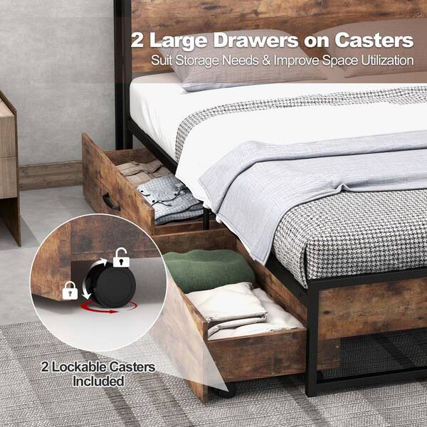 Costway Rustic Brown Metal Frame Queen Industrial Platform