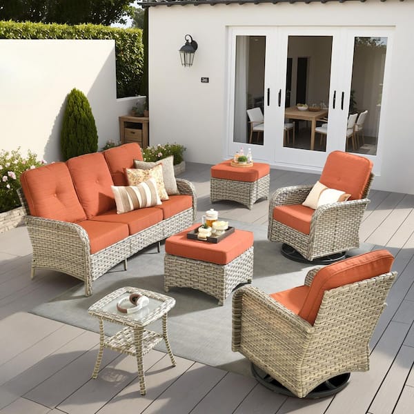 Gerbera C 6-Piece Wicker Outdoor Patio Conversation Set with Swivel Rocking Chairs and Orange Red Cushions