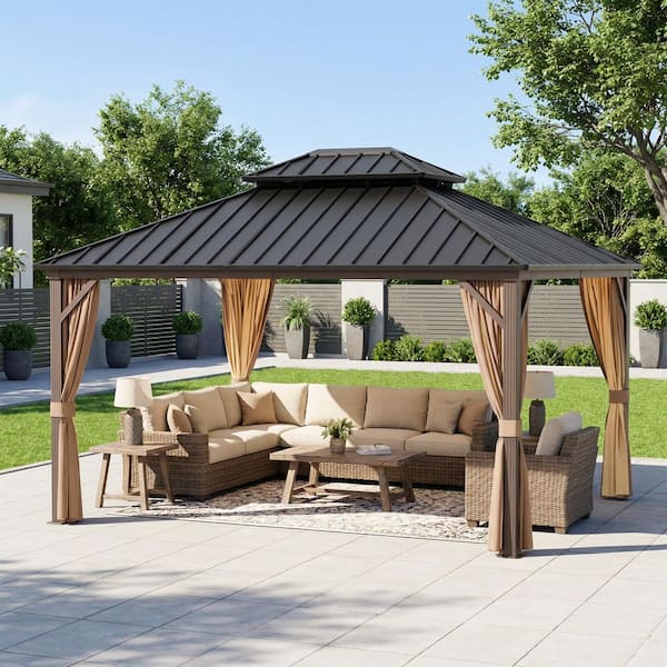 12 ft. x 14 ft. Aluminum Outdoor Gazebo with Double Galvanized Steel Roof, Ceiling Hook, Mosquito Netting and Curtains