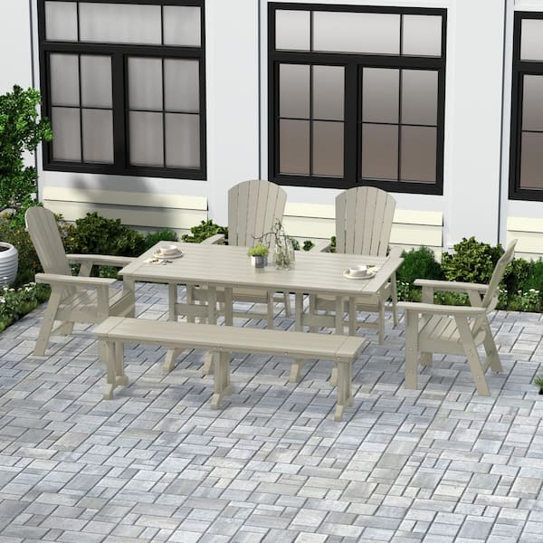 WESTIN OUTDOOR Altura Outdoor Patio Weather Resistant 6-Piece HDPE Plastic Sand Rectangle Adirondack Dining Set With Bench
