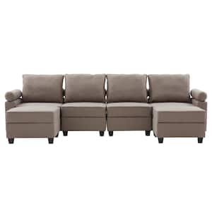 114 in. W Straight Arm Linen Mid-Century Modern L-Shaped Straight Reclining Sofa in Light Gray 6-Seat