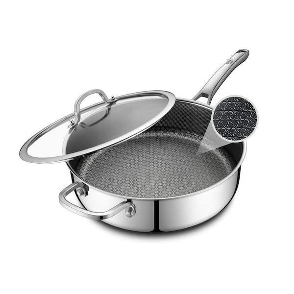 5 qt. Stainless Steel Nonstick Frying Pan with Lid, 12 in. Deep Saute Pan with Single Handle, Works on All Cooktops
