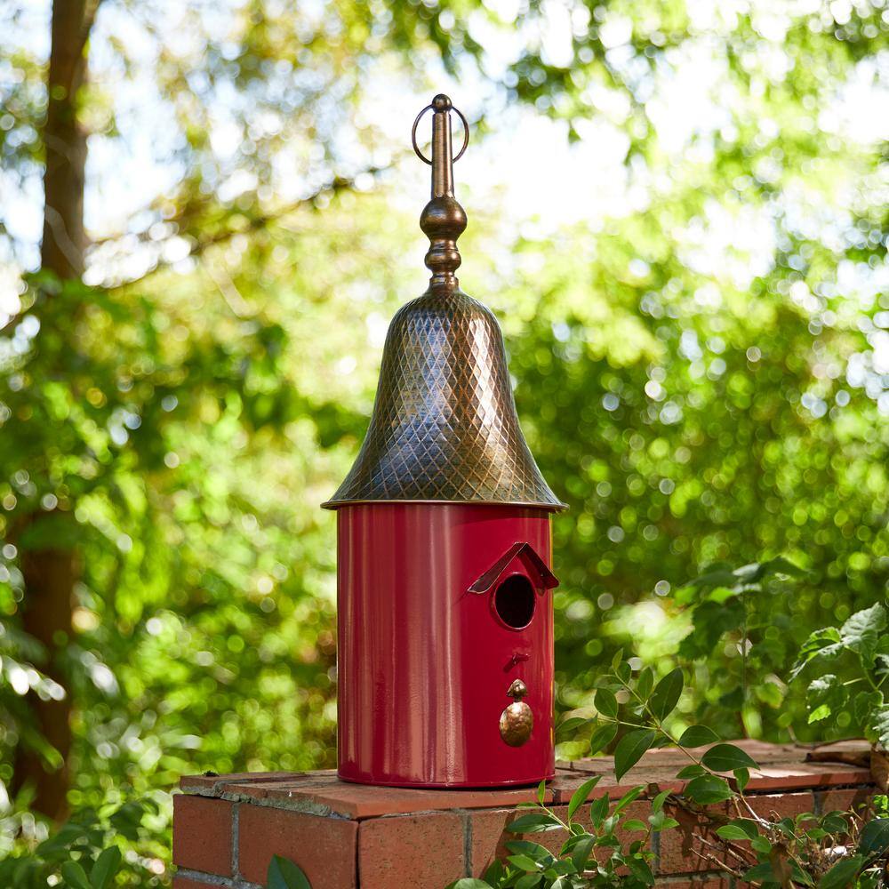 24" Red and Bronze Metal Pagoda Roof Outdoor Birdhouse