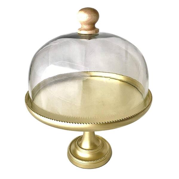 Kauri Design 1-Tier Champagne Gold Mango Wood Large Cake Stand with Glass Top