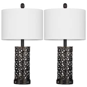 Doroteja 24.5 in. H Black Metal Table Lamp Set with White Linen Shape, Dual USB Ports and Built-in Outlet