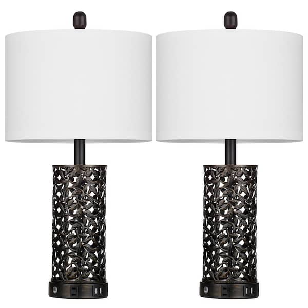 Cinkeda Doroteja 24.5 in. H Black Metal Table Lamp Set with White Linen Shape, Dual USB Ports and Built-in Outlet