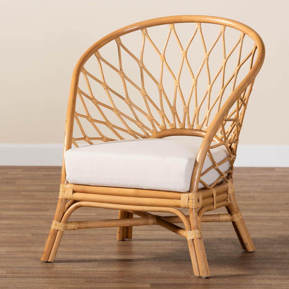 Emmeline Handcrafted Natural Rattan Bohemian Accent Chair with White Cushion