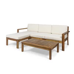 Santa Ana Teak Brown 5-Piece Wood Patio Conversation Sectional Seating Set with Cream Cushions