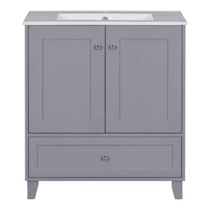 30 In. W Single Sink Freestanding Bath Vanity in Blue Gray With White Ceramic Top, 2 Doors, 1 Drawer And 1 Shelf