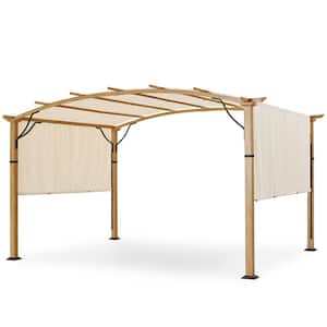 10 ft. x 13 ft. Aluminum Outdoor Pergola with Wood Like Slightly Arched Canopy and Beige Retractable Shade