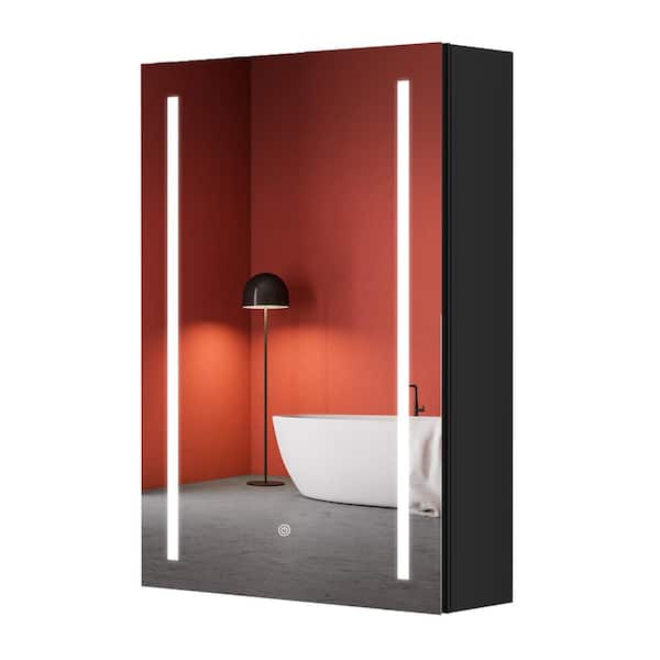 Getpro 20 in. W x 30 in. H Medium Rectangular Black Aluminum Surface Mount LED Medicine Cabinet with Mirror and Storage