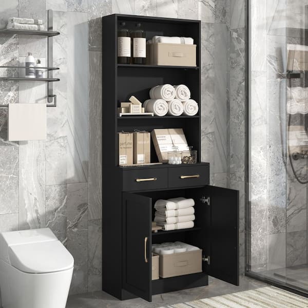 Unbranded 25.9 in. W x 11 in. D x 70 in. H Wood Ready to Assemble Bathroom Storage Cabinet in Black with Doors Drawers Shelf