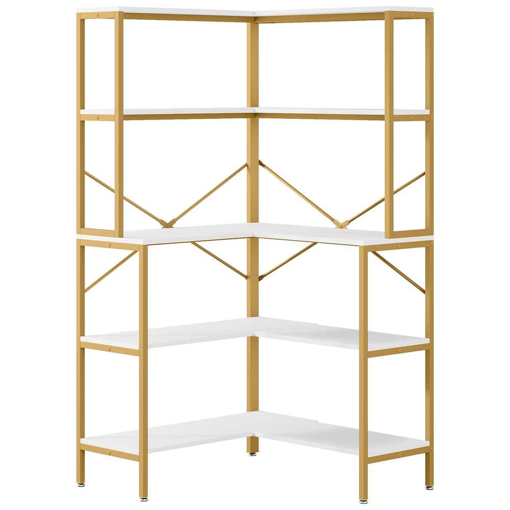 BYBLIGHT Eulas 67 in. Tall Gold Wood 5 Shelf Corner Bookcase LShaped