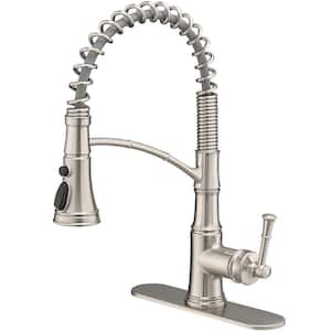 Single Handle Pull-Down Sprayer 3-Spray High Arc Kitchen Faucet with Deck Plate in Brushed Nickel