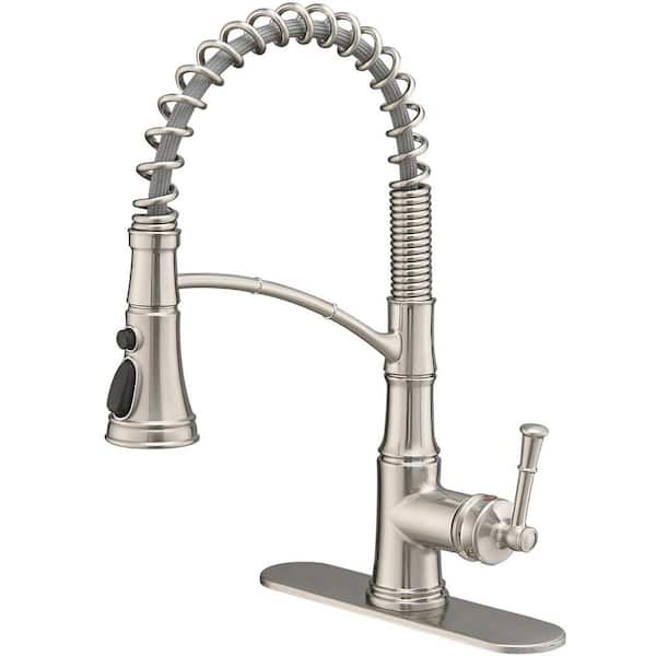 BWE Single Handle Pull-Down Sprayer 3-Spray High Arc Kitchen Faucet with Deck Plate in Brushed Nickel