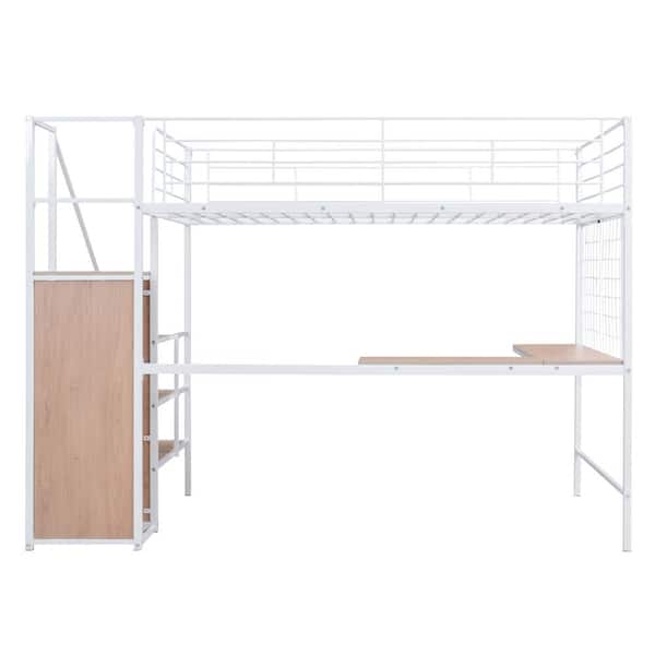 White Full Size Metal Loft Bed with Built in Desk Metal Grid Wardrobe and Lateral Storage Staircase