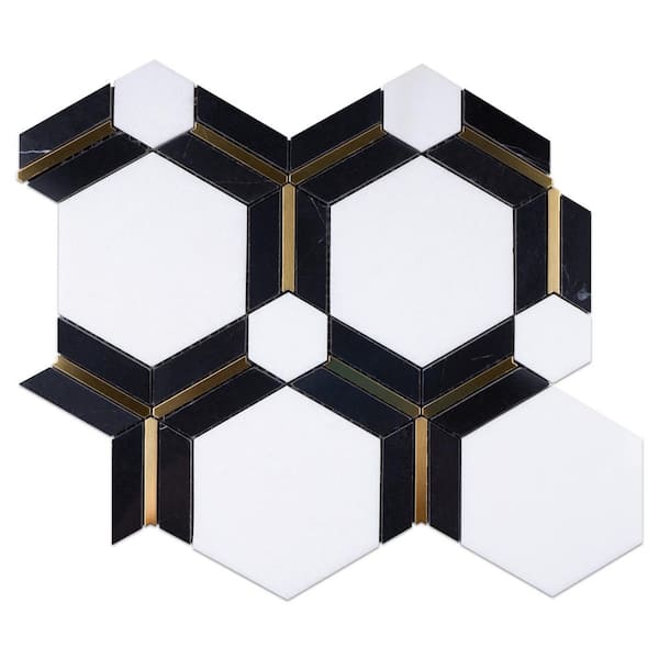 MOLOVO Natural Dorato White Gold 11.11 in. x 9.61 Honeycomb Polished Marble Mosaic Tile Sample
