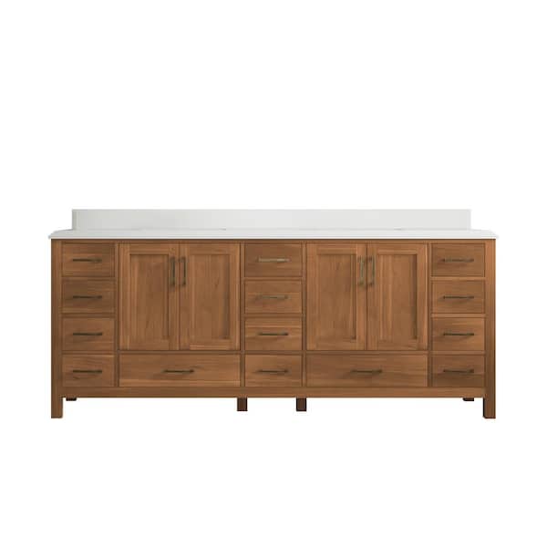 Willow Collections Malibu Teak 84 in. W x 22 in. D x 36 in. H Double Sink Bath Vanity in Gold Teak with 1.5" White Quartz Top