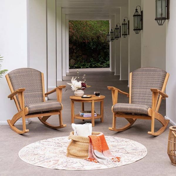 Cambridge Casual Luton 3-Piece Unfinished Teak Wood Rocking Chair Set with Padded Woven Seats