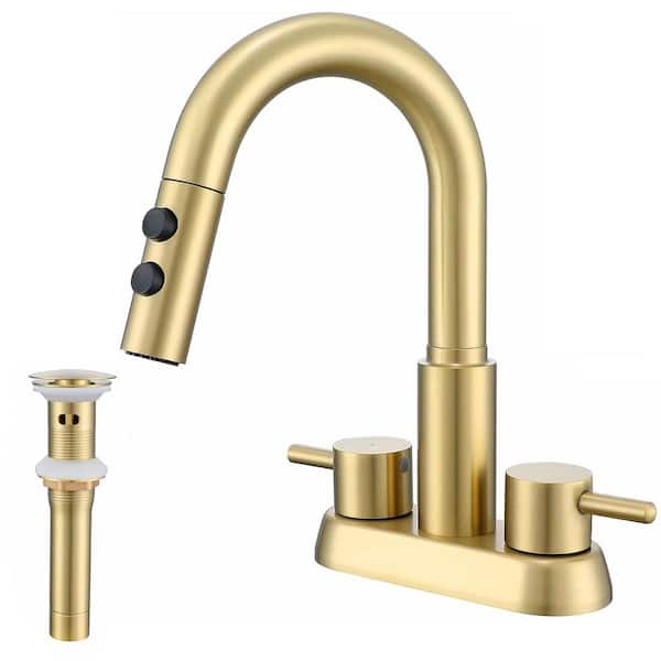 4 in. Centerset Double Handle Pull Down Bathroom Sink Faucet with 2 Modes Sprayer and Pop-Up Drain in Brushed Gold