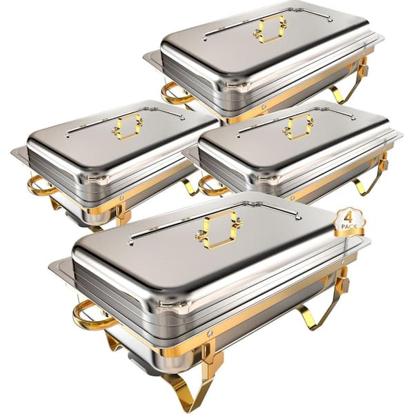 High Grade Chafing Dishes Buffet Set 9 qt. Gold Silver Stainless Steel Food Warmer with Rolled Edge 4 Pack