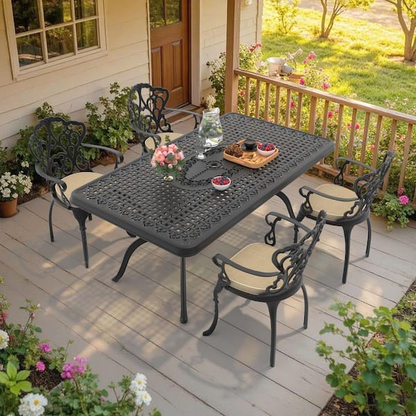 5-Piece Black Cast Aluminum Outdoor Dining Set with Off-White Cushions