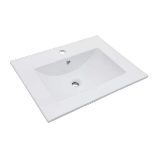 Logmey 24 in. W x 18 in. D Ceramic Porcelain White Rectangular Single Sink Bathroom Vanity Top in White with 1-Faucet Hole