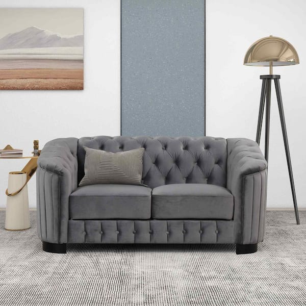 Polibi 64 in. Square Arm Velvet Rectangle Sofa with Thick Removable Seat Cushion in Gray