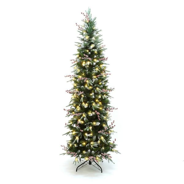 7.5 ft. PreLit Pencil Artificial Christmas Tree with Frosted Tips and Red Berries