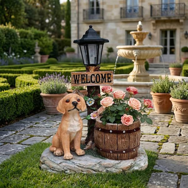 Labrador Dog Solar Planter Garden Statue, Resin Outdoor Decor with