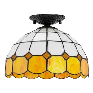 11.81 in. 1-Light Black Retro Semi-Flush Mount Ceiling Light with Multicolored Glass Shade for Hallway, No Bulb Included