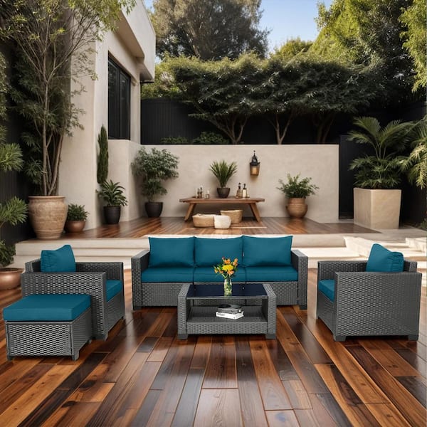 Unbranded 7-Piece Dark Coffee Wicker Patio Outdoor Conversation Set with Peacock Blue Cushions Loveseat, Coffee Table, Storage Box