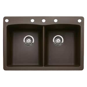 Diamond Dual-Mount Granite 33 in. 5-Hole 50/50 Double Bowl Kitchen Sink in Cafe Brown
