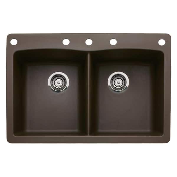 Blanco Diamond Dual-Mount Granite 33 in. 5-Hole 50/50 Double Bowl Kitchen Sink in Cafe Brown