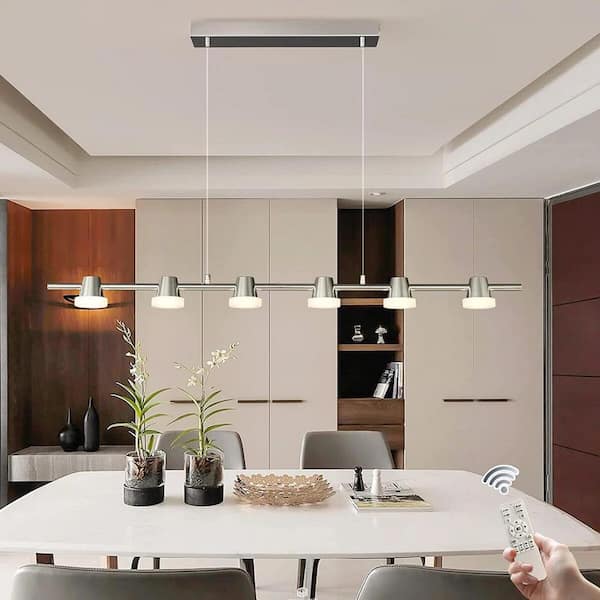 36-Watt 6 Light Moderm Chrome Linear Dimmable Integrated LED Pendant Light with Remote Included for Kitchen Island