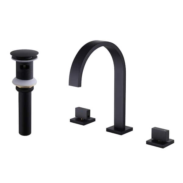FLG 8 in. Widespread Double Handle Waterfall Bathroom Faucet with Pop-up Drain Brass 3 Holes Sink Basin Taps in Matte Black