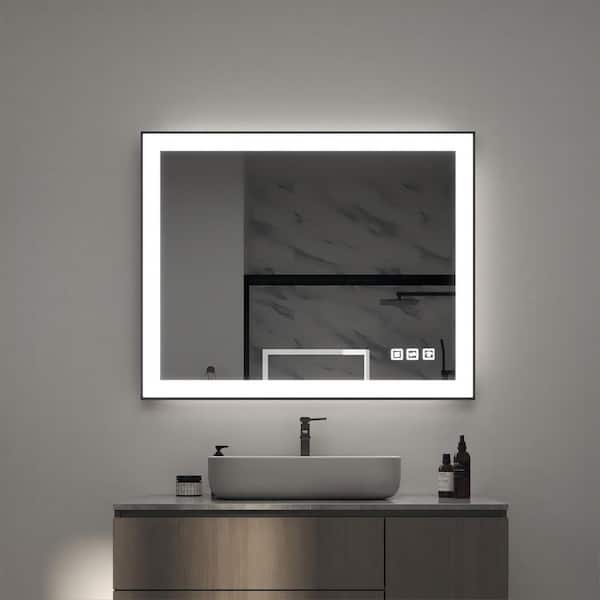 40 in. W x 30 in. H Rectangular Framed LED Anti-Fog Wall Mirror in Black with Backlit and Front Light