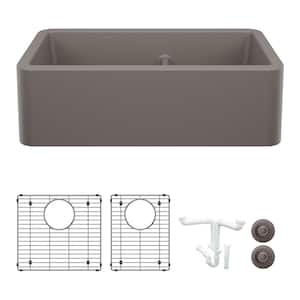 Ikon 33 in. Farmhouse/Apron-Front Double Bowl Volcano Gray Granite Composite Kitchen Sink Kit with Accessories