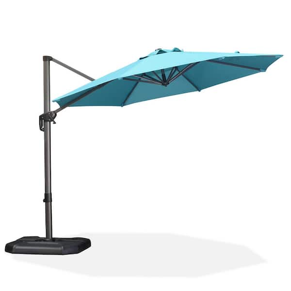 PURPLE LEAF 10 ft. Octagon Aluminum Outdoor Cantilever Umbrella 360-Degree Rotation Umbrella with Base in Ground, Turquoise Blue