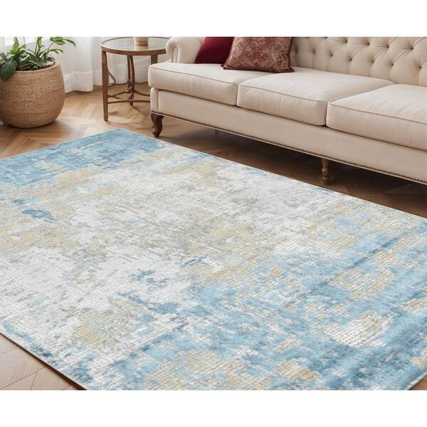 5 ft. x 8 ft. Gold Sky Blue And Ivory Abstract Area Rug