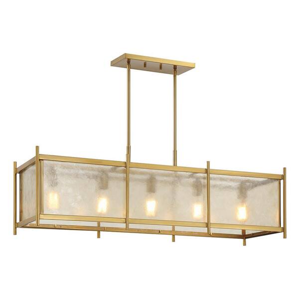 Jacobs 40 in. W x 14.5 in. H 5-Light Warm Brass Linear Chandelier with Clear Mica Glass Shade and No Bulbs Included