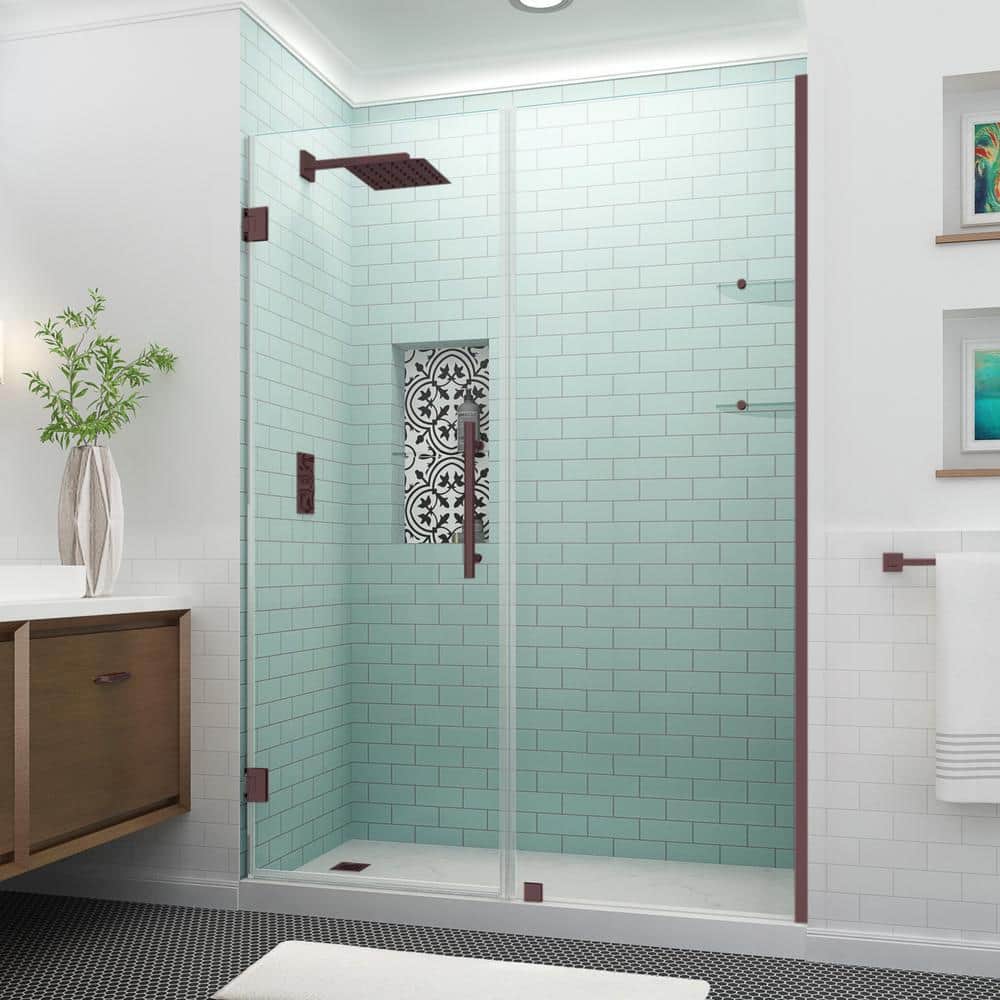 Belmore GS 64.25 in. to 65.25 in. x 72 in. Frameless Hinged Shower Door with Glass Shelves in Bronze price history on PriceWatchPro